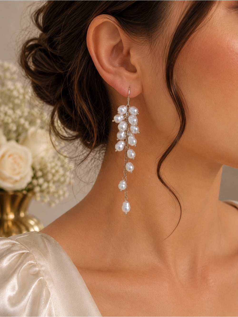 Baroque Faux Freshwater Pearl Cascade Chandelier Lever-back Dangle Earrings